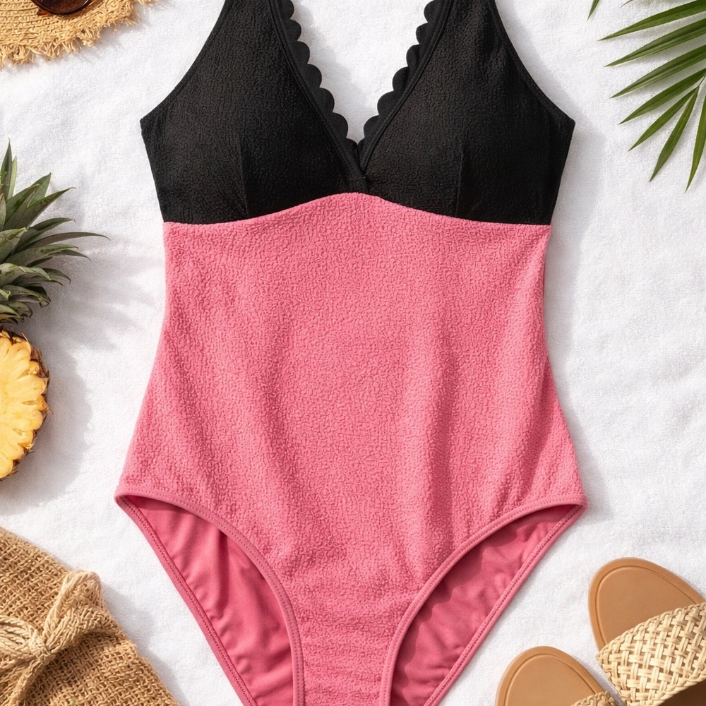 Scalloped V-Neck Black & Pink One-Piece Swimsuit - Women's